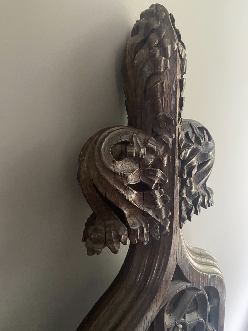 19th Century Carved Oak Gothic Church Pew Panel View IV