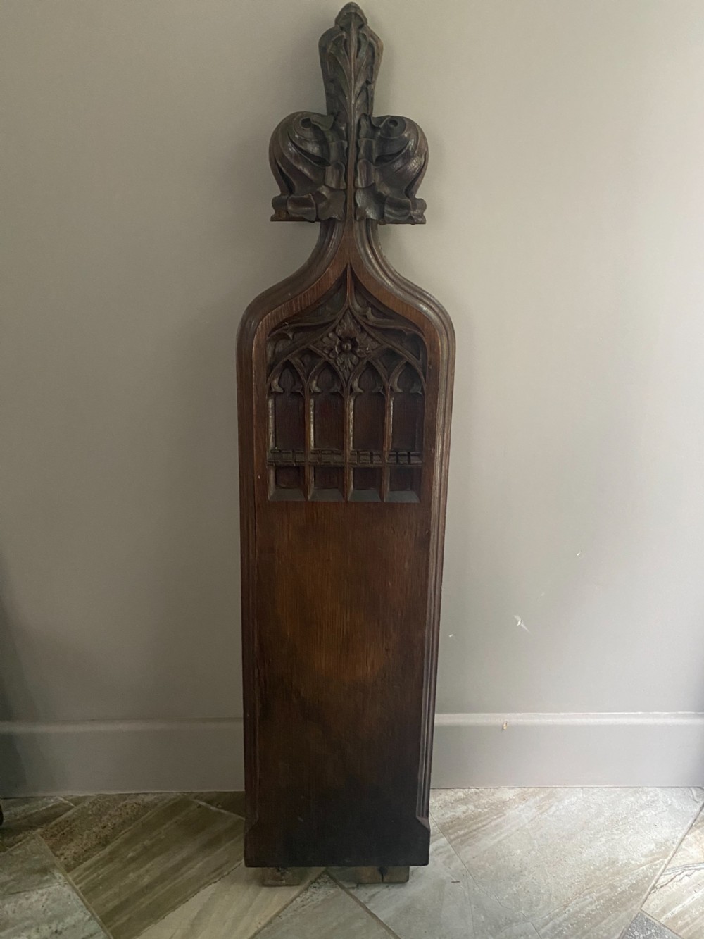 19th Century Gothic Revival Church Oak Carved Pew End Panel