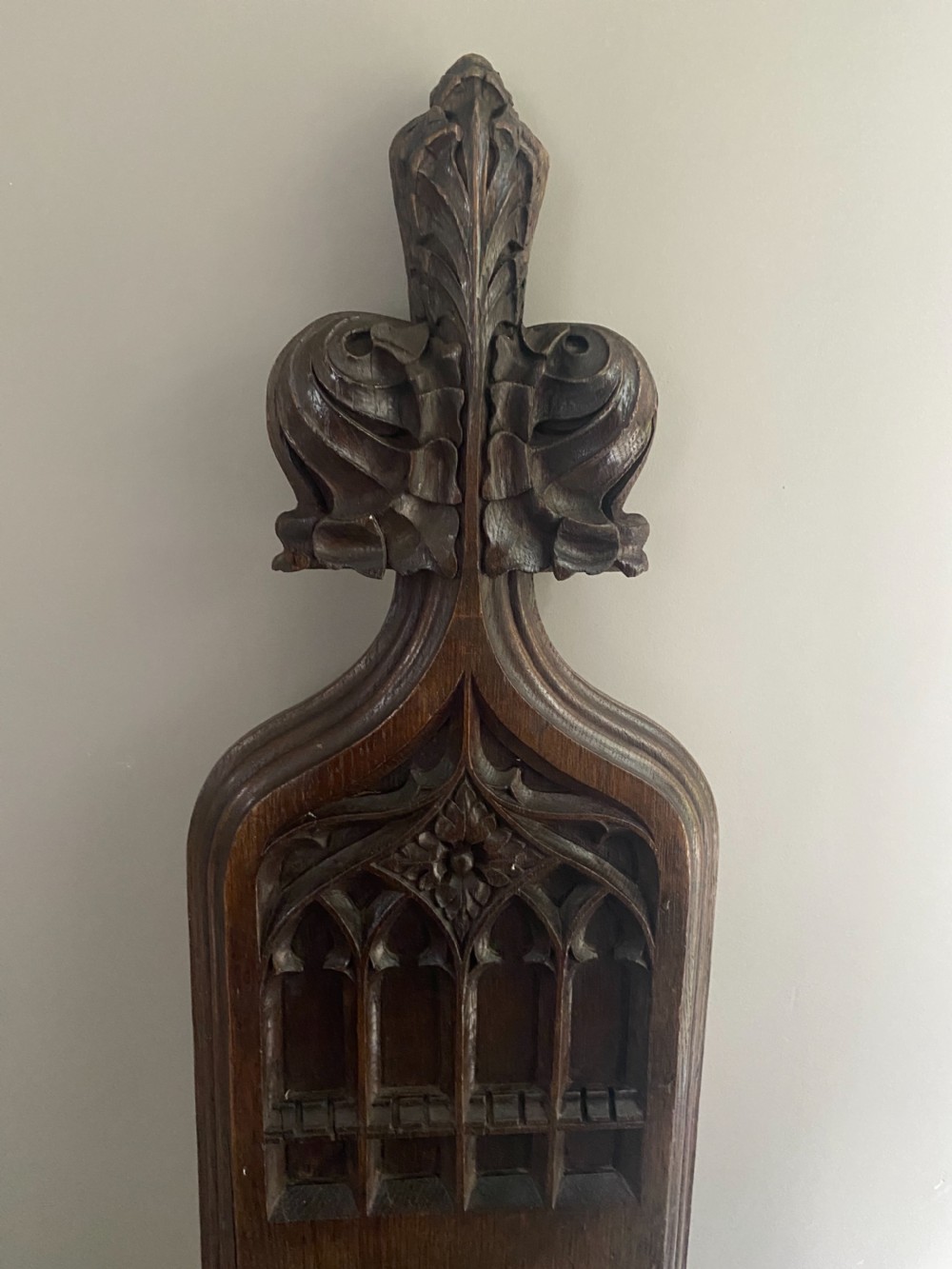 19th Century Gothic Revival Church Oak Carved Pew End Panel View III