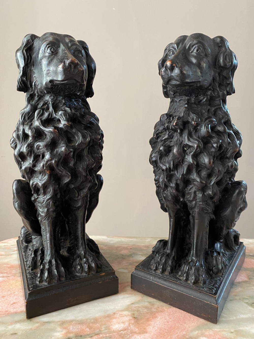 LARGE 19th Century Carved Walnut Retrievers Dog