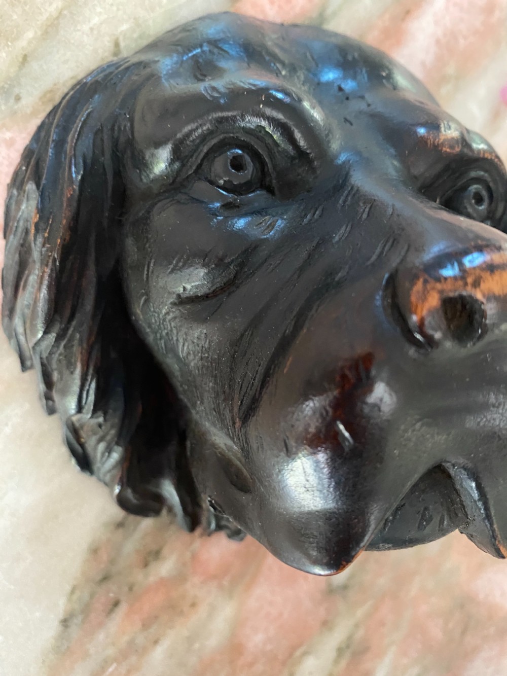 19TH CENTURY CARVED WALNUT DOG'S HEAD PANEL View II