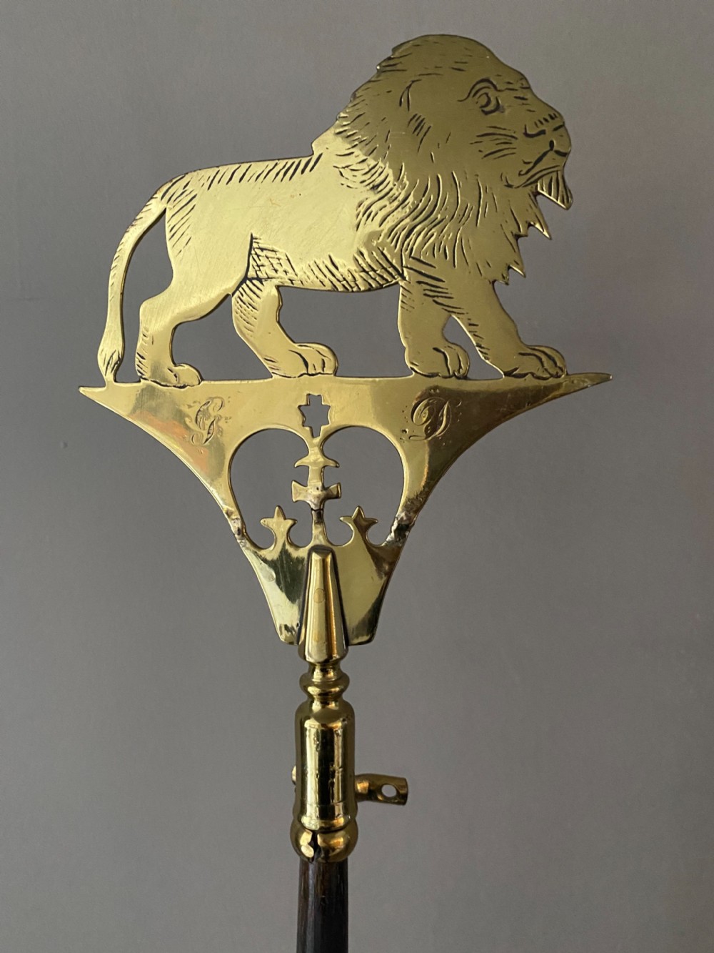 18th Century Pierced Brass Processional Lion & Crown Oak Pole