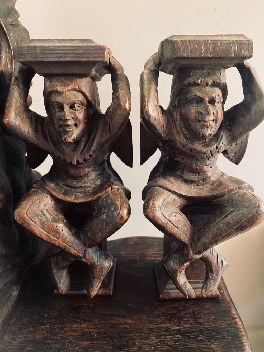 19th Century Carved Oak Winged JESTER'S