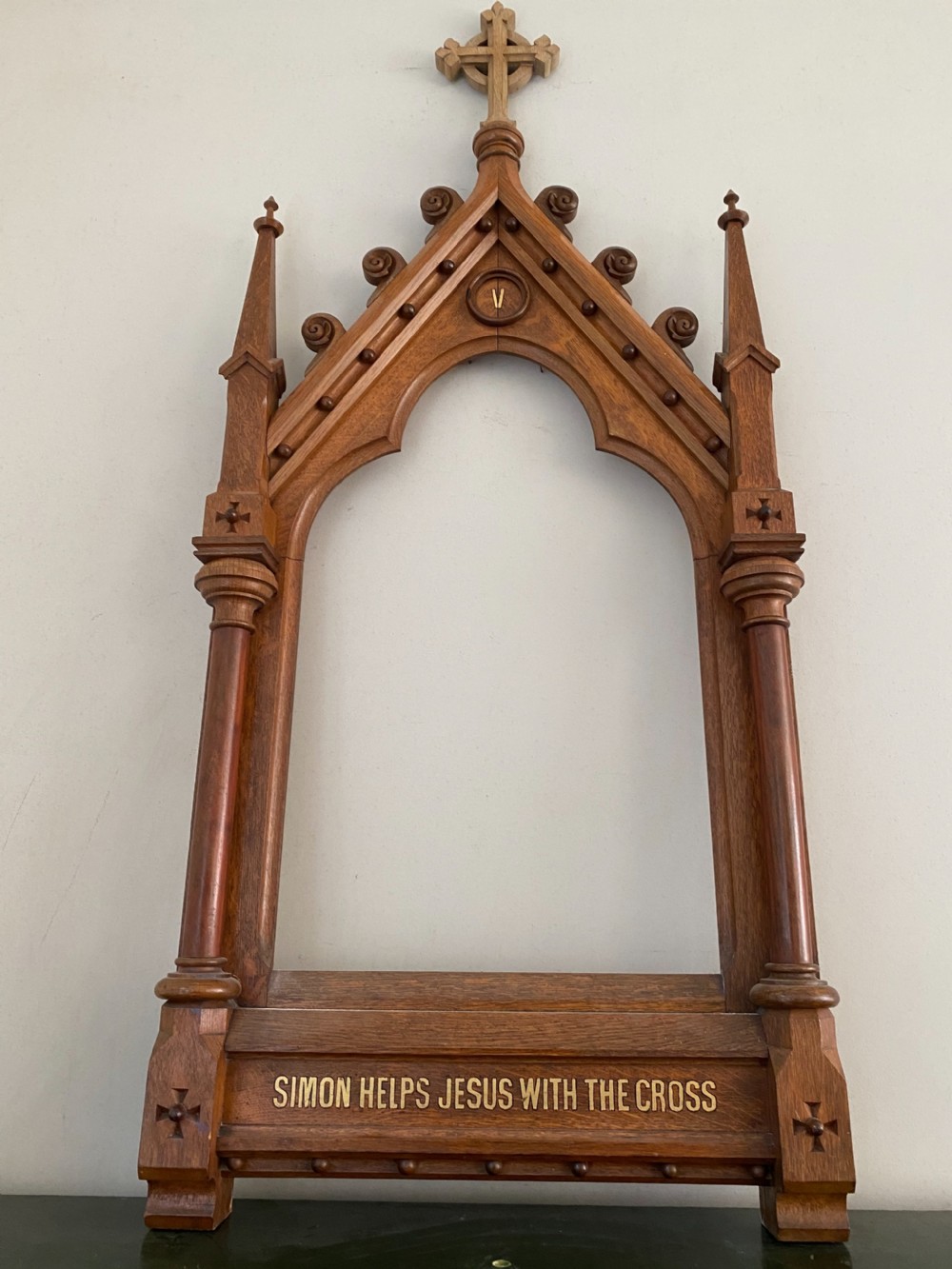 19th Century Large Carved Oak Gothic Church Frame Mirror