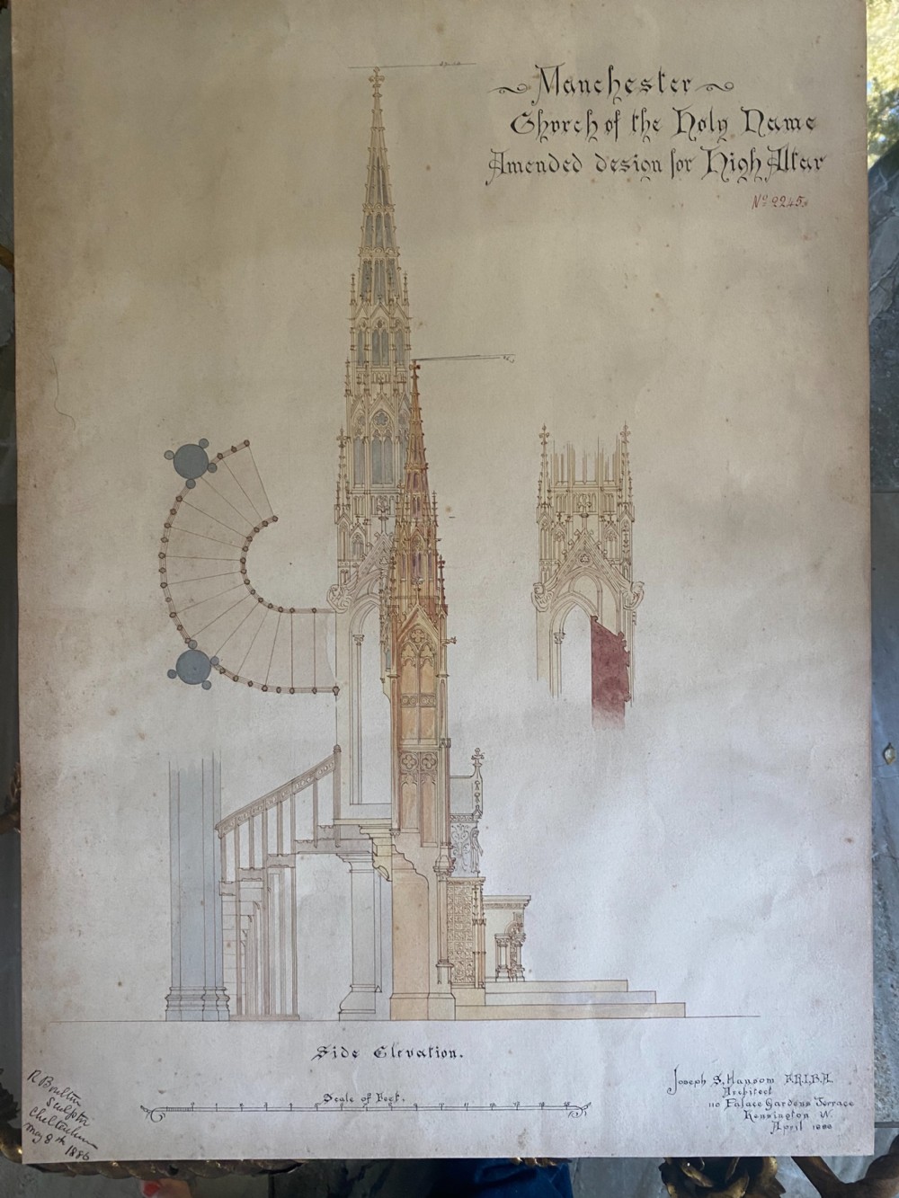 A nineteenth-century architectural drawing on cream paper depicting an intricate Gothic Revival high altar design for a church, rendered in brown and grey ink.