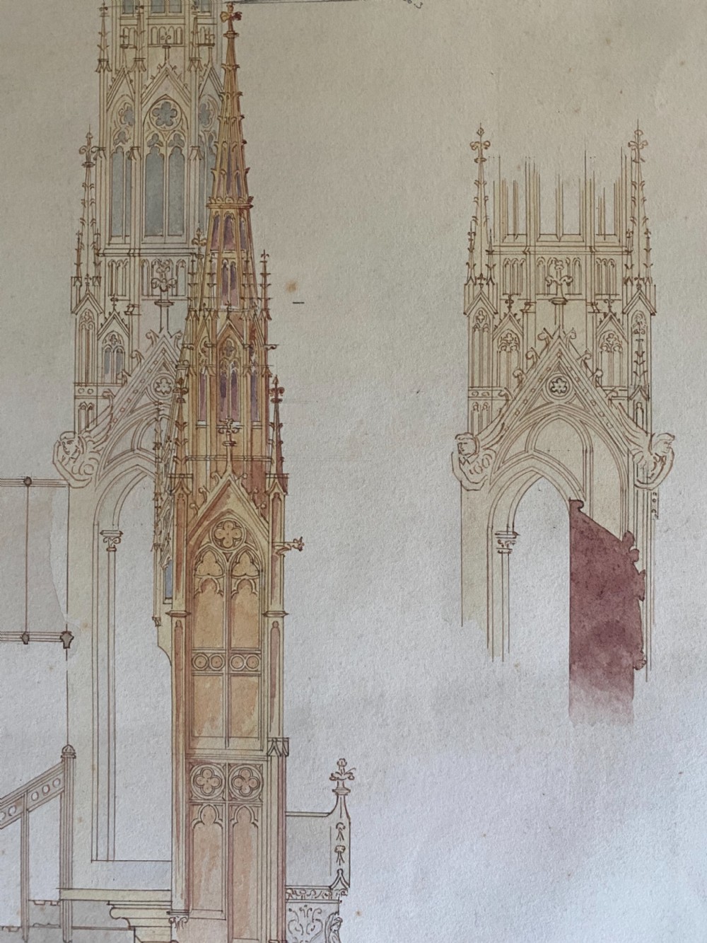 A nineteenth-century architectural drawing on cream paper depicting an intricate Gothic Revival high altar design for a church, rendered in brown and grey ink. View II