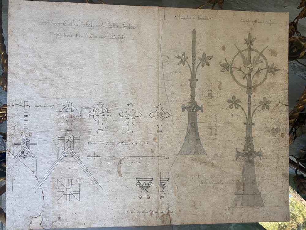 19TH CENTURY ARTS CRAFTS GOTHIC CHURCH DRAWING CROSS & FINIAL