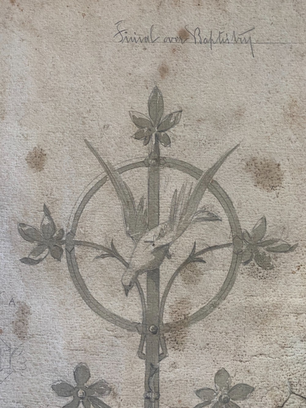19TH CENTURY ARTS CRAFTS GOTHIC CHURCH DRAWING CROSS & FINIAL View II
