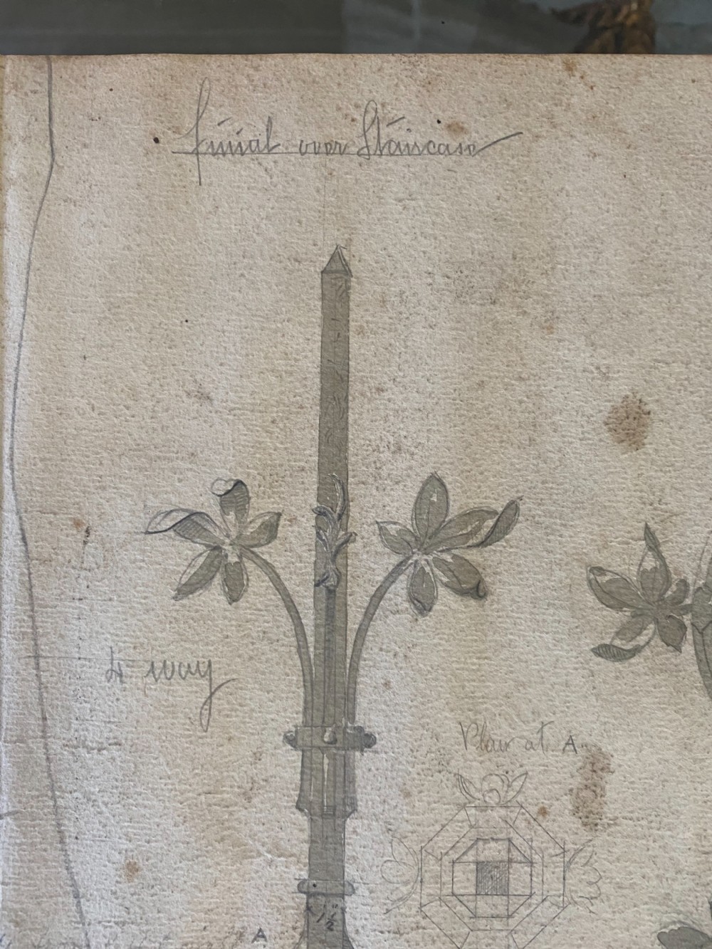 19TH CENTURY ARTS CRAFTS GOTHIC CHURCH DRAWING CROSS & FINIAL View III