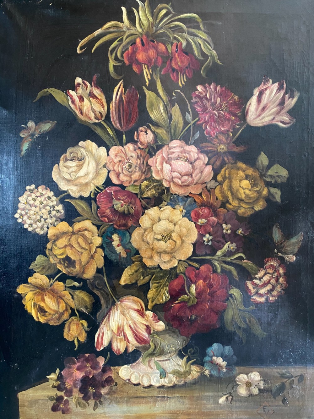 19th Century Still Life Oil Painting Flowers and Butterflies
