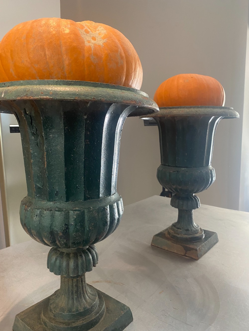 Victorian Green Cast Iron Urns View II