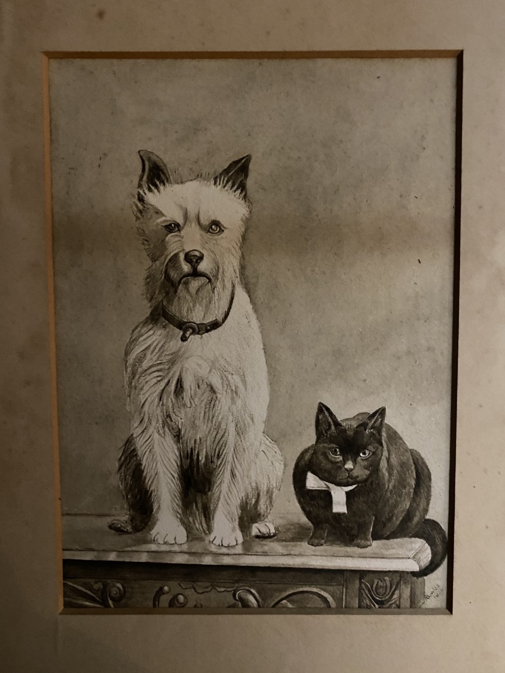 Charming Folk Art 19th Century Sepia  Watercolour Dog and Cat
