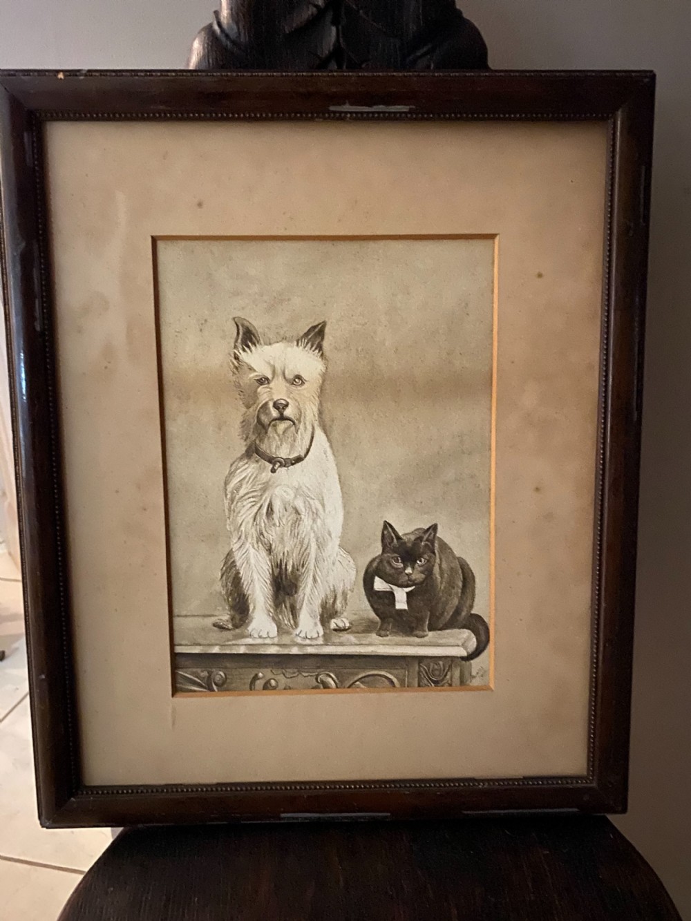 Charming Folk Art 19th Century Sepia  Watercolour Dog and Cat View II