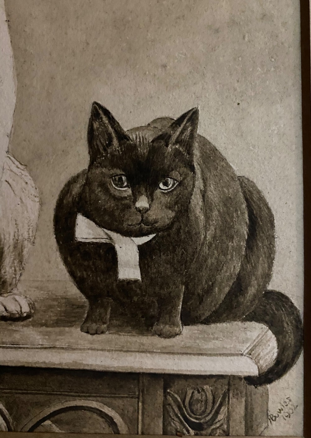 Charming Folk Art 19th Century Sepia  Watercolour Dog and Cat View IV