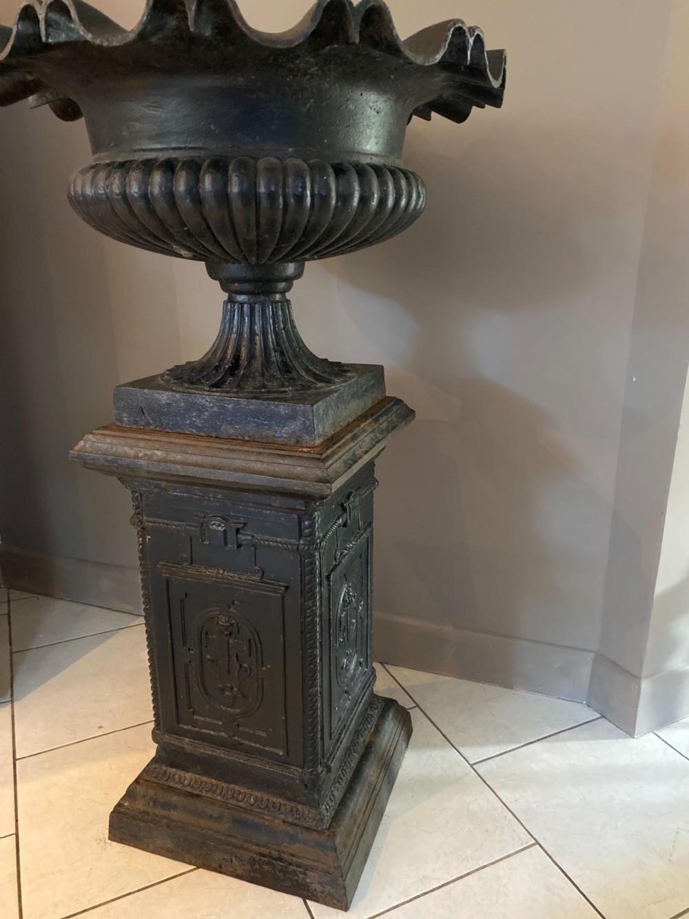 HUGE 19th Century Cast Iron Urn on Plinth  View III