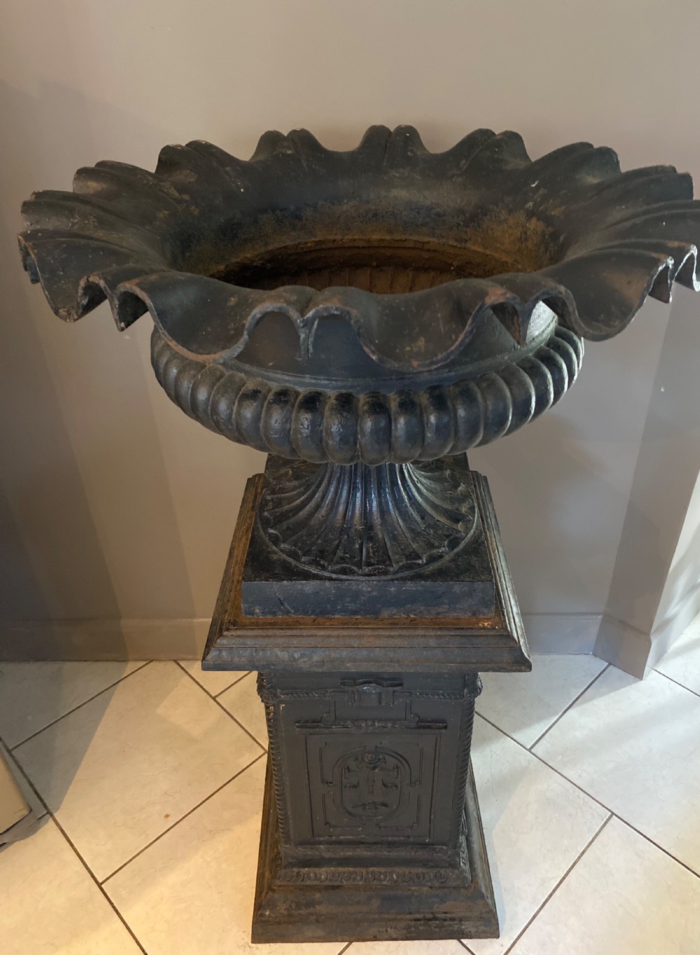 HUGE 19th Century Cast Iron Urn on Plinth  View IV