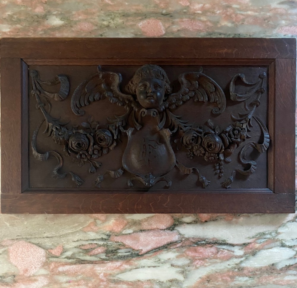 LARGE 19TH Century Carved Oak Panel Cherub and Garlands