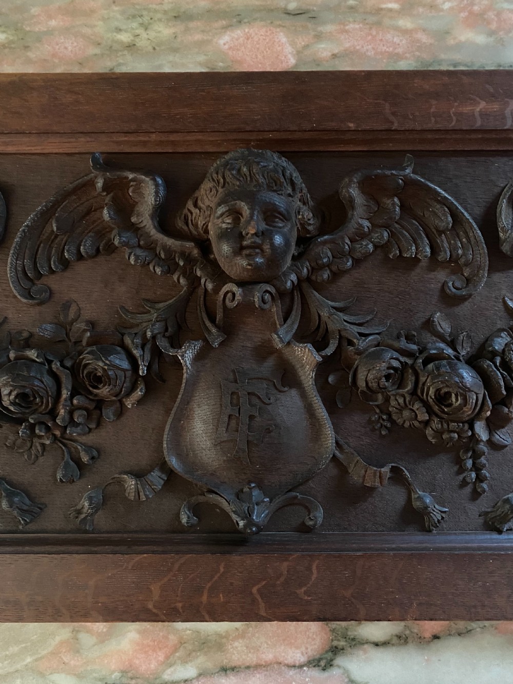 LARGE 19TH Century Carved Oak Panel Cherub and Garlands View II
