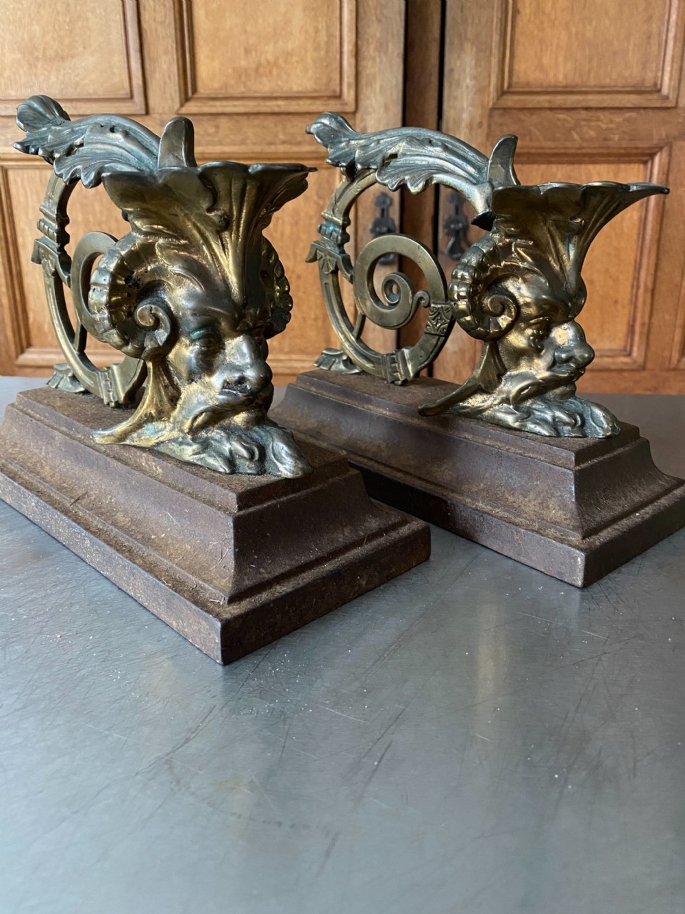 Victorian Antique Bronze Satyr Andirons Hallmarked