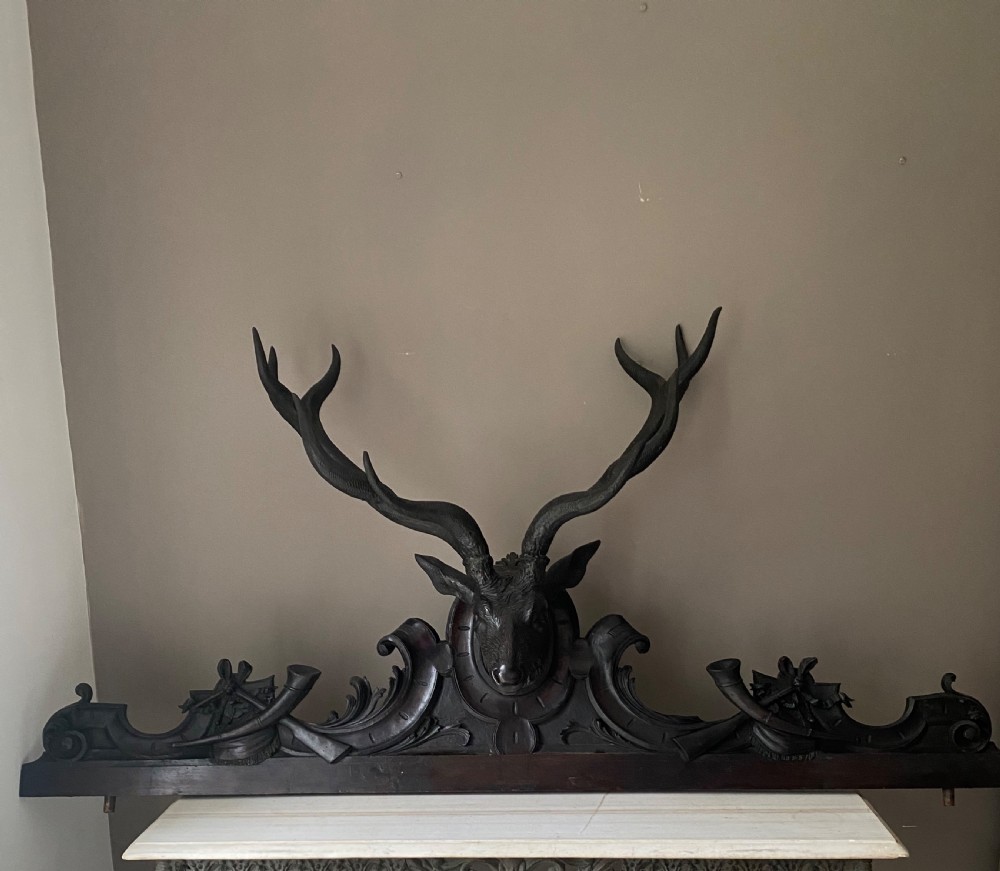 Black Forest Carved Walnut Large Stag Head Pediment Panel