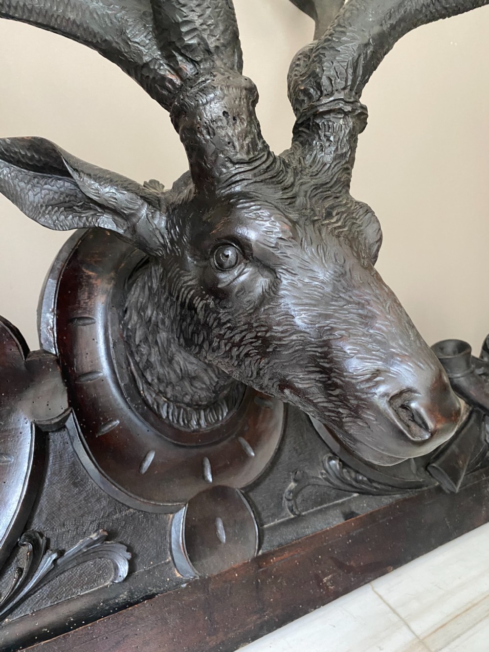 Black Forest Carved Walnut Large Stag Head Pediment Panel View II
