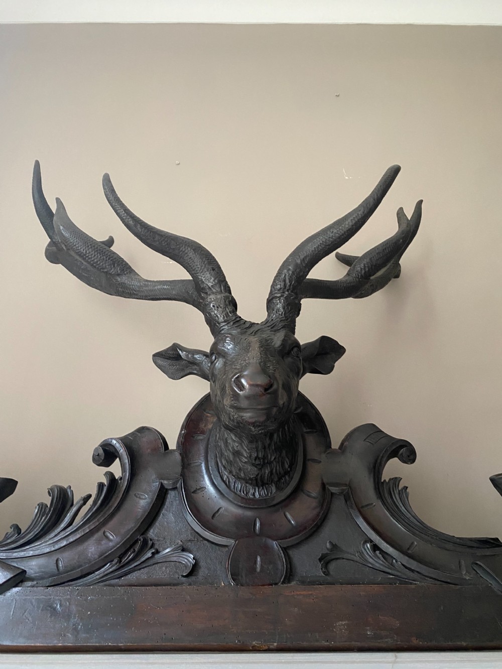 Black Forest Carved Walnut Large Stag Head Pediment Panel View III