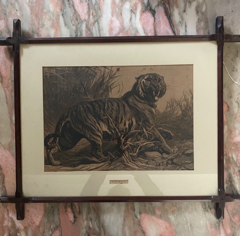 George Bouverie Goddard Tiger at Bay Etching Oak Gothic Frame