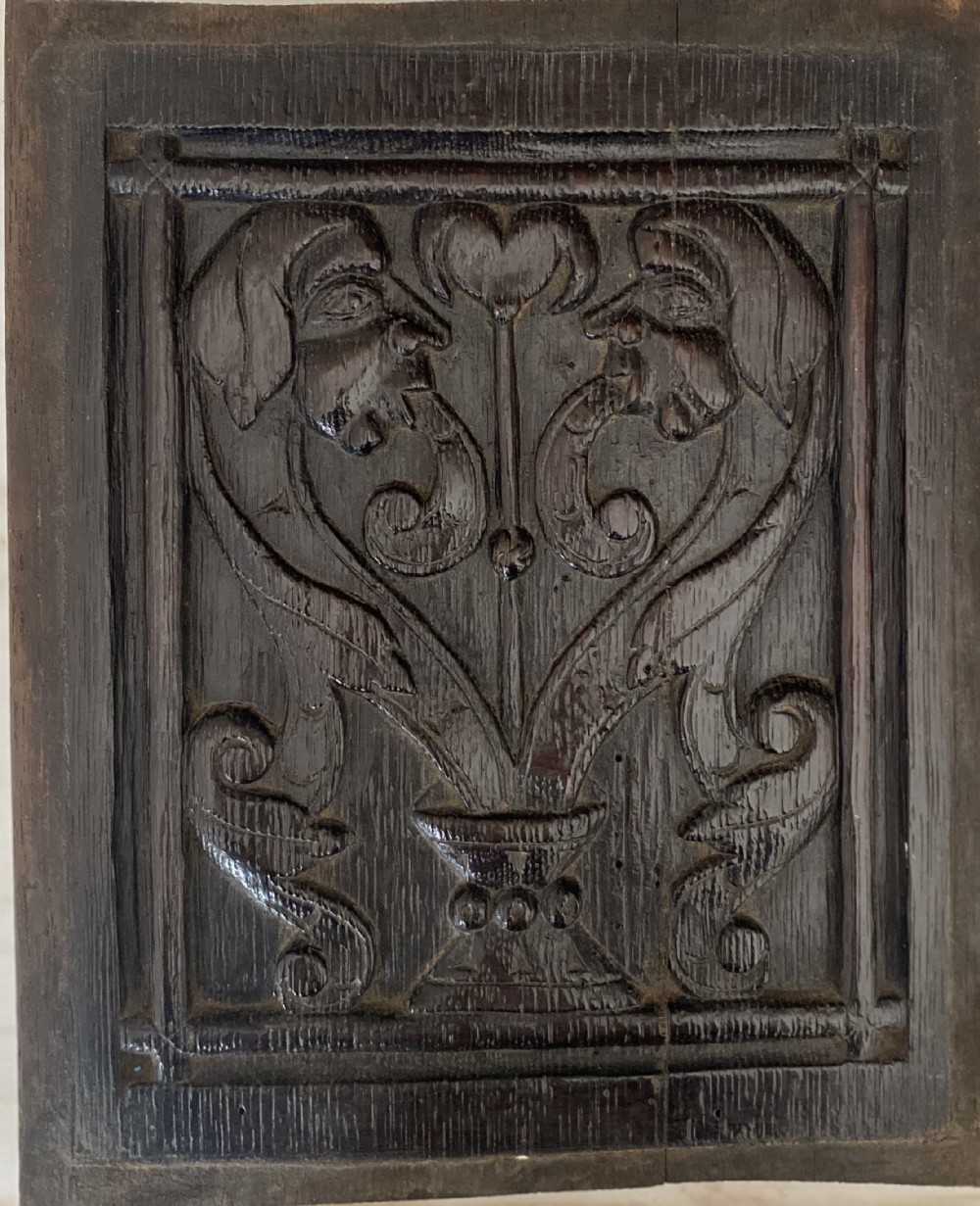 17th Century Carved Oak Male Mandrake and Love Apple Panel Witchcraft