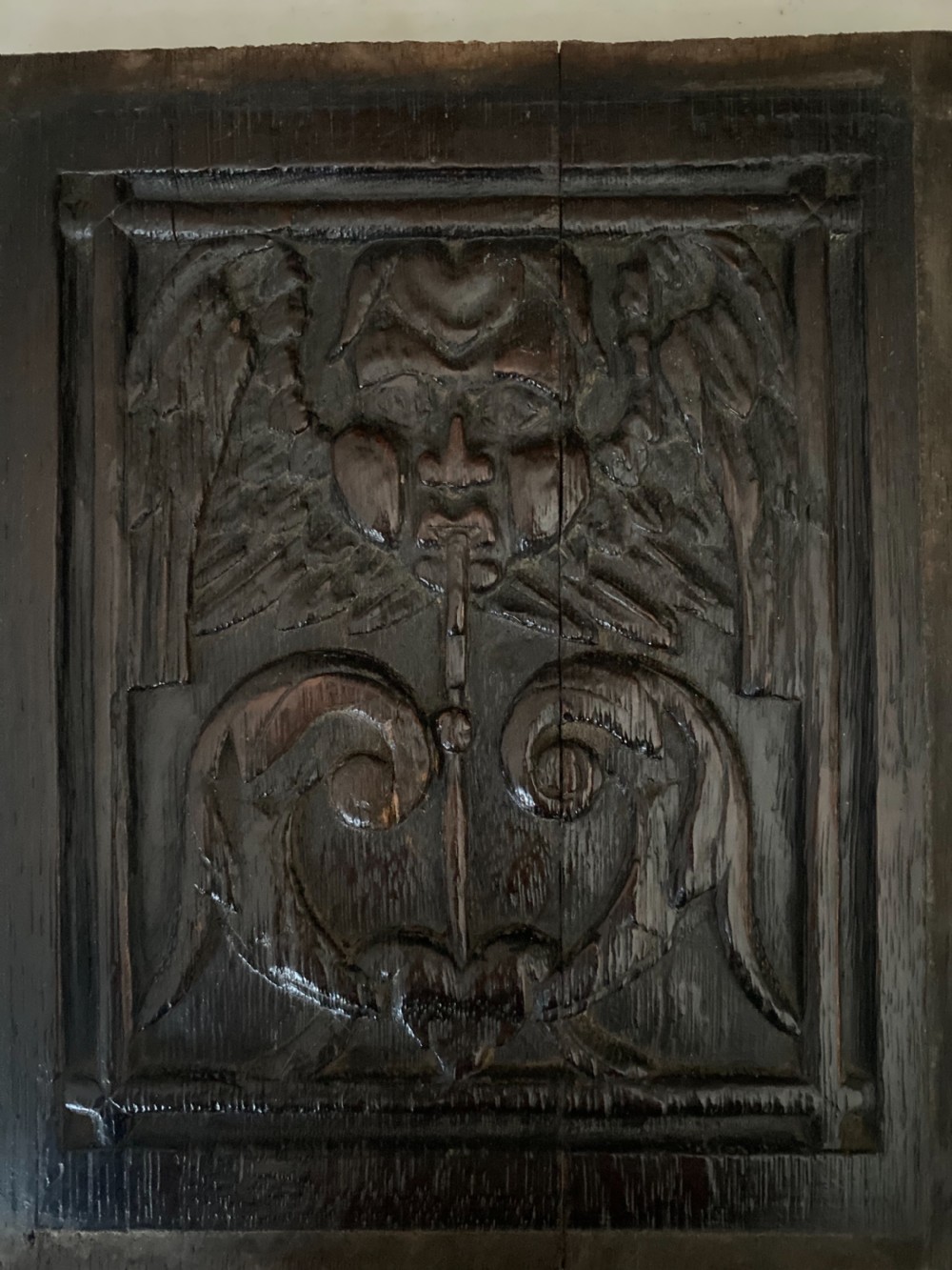 RARE 17th Century Carved Oak Winged Witch Panel Love Apple