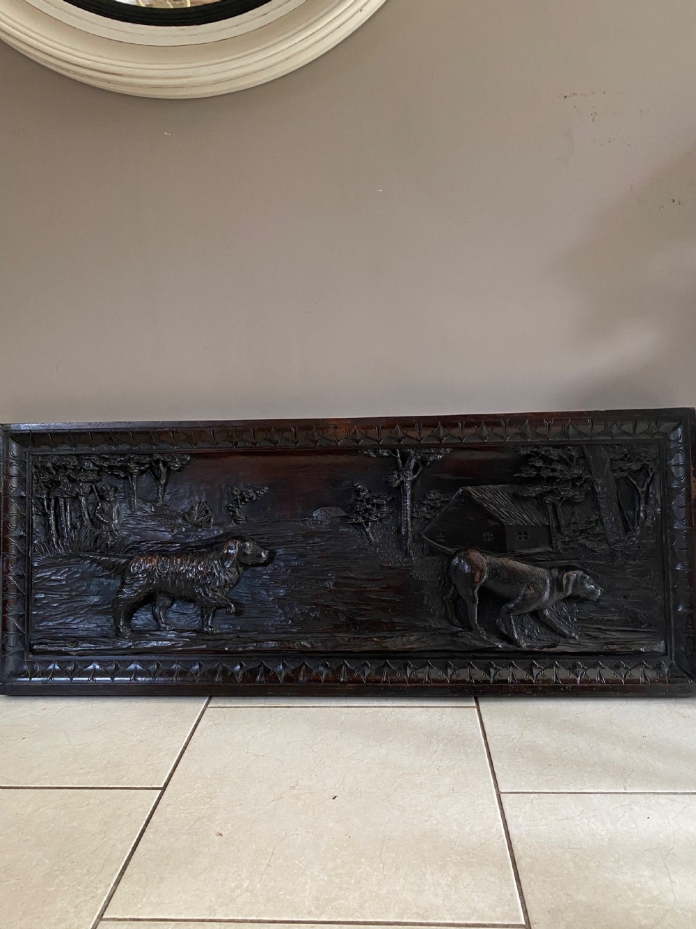 19th Century Carved Walnut LARGE Black Forest Hunting Dog Panel