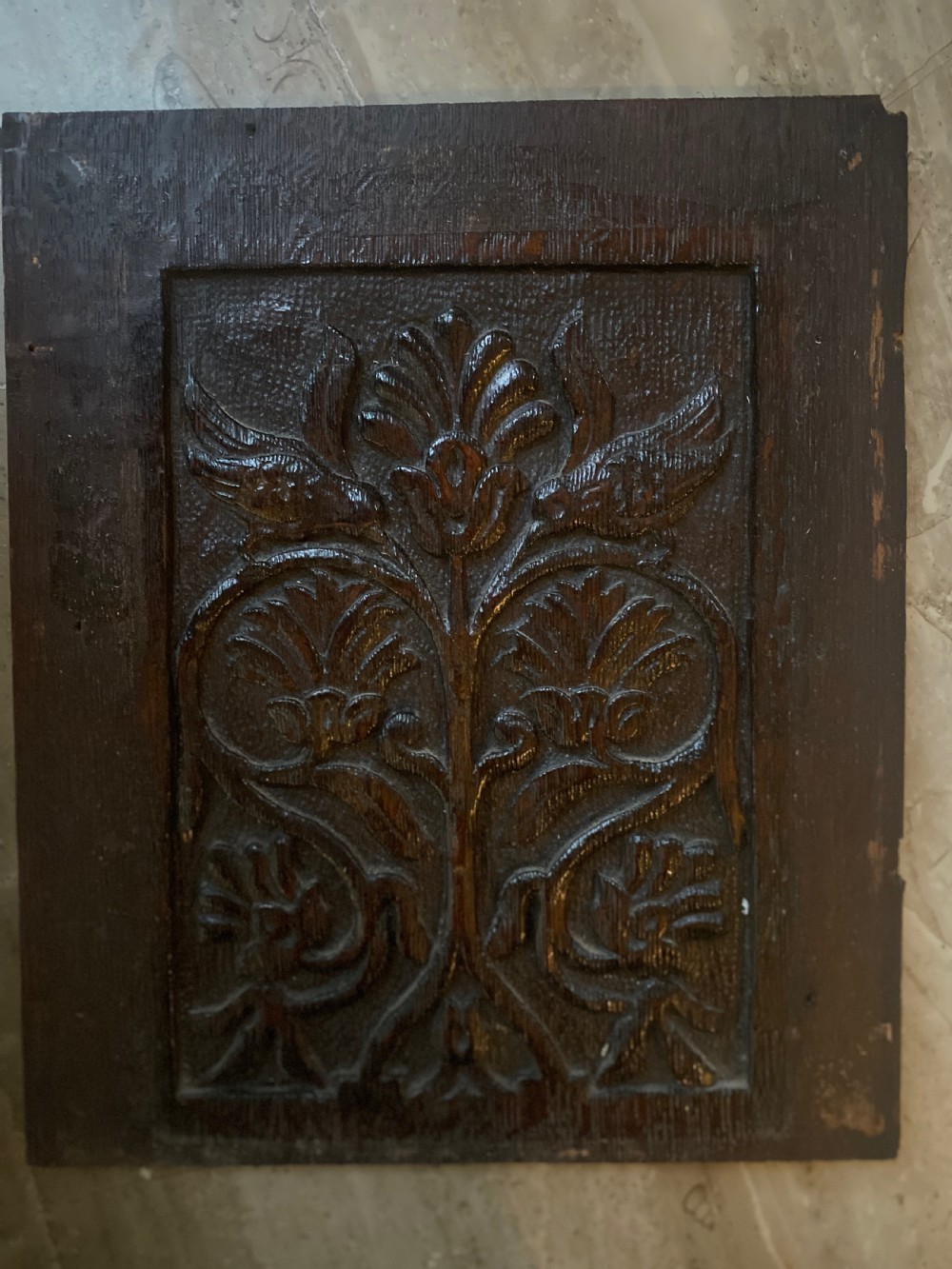 17th Century Carved Oak Panel Tree of Life with Birds