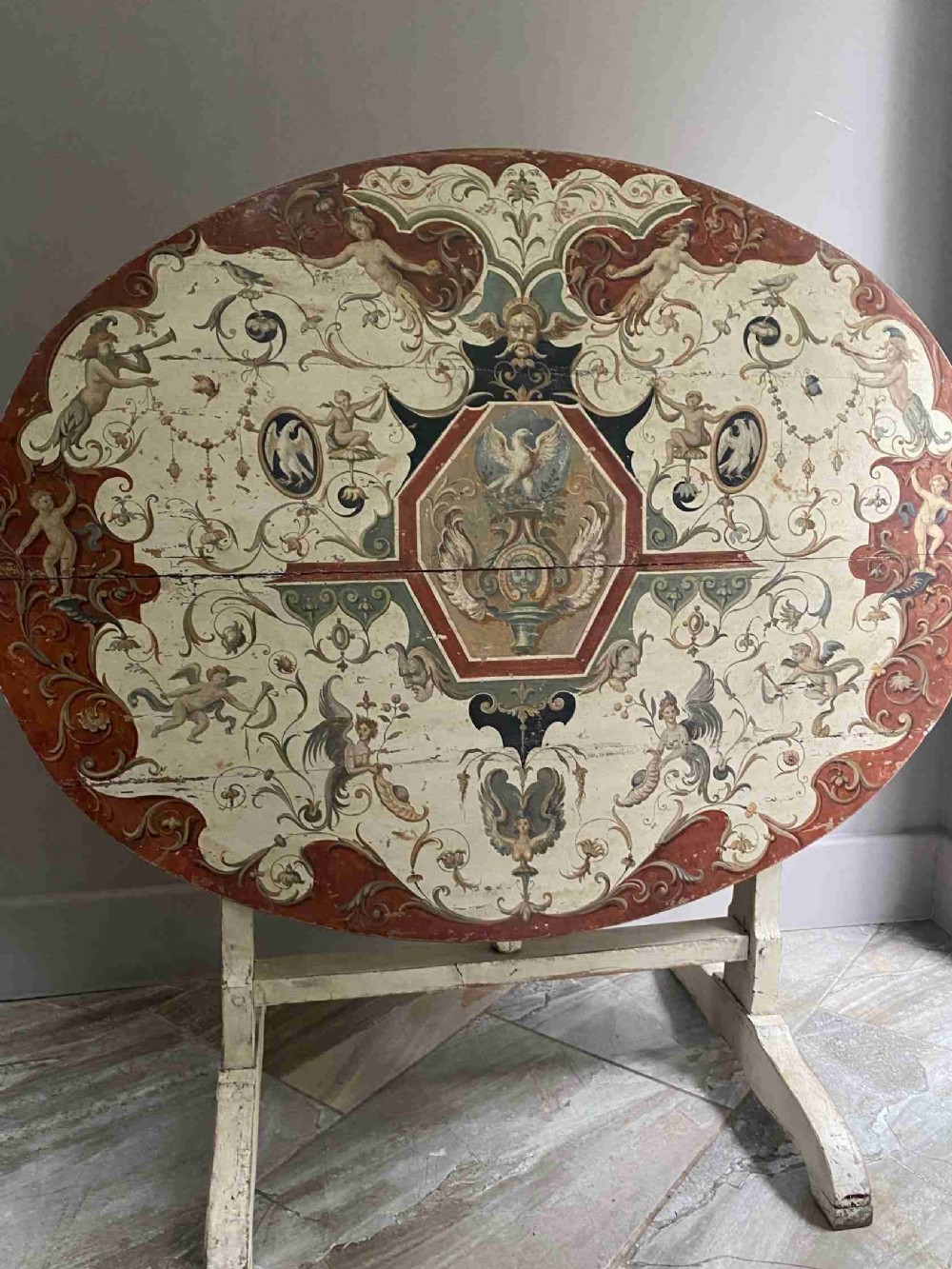RARE 19th Century Wine Tasting Table Painted Renaissance Grotesque Cherubs
