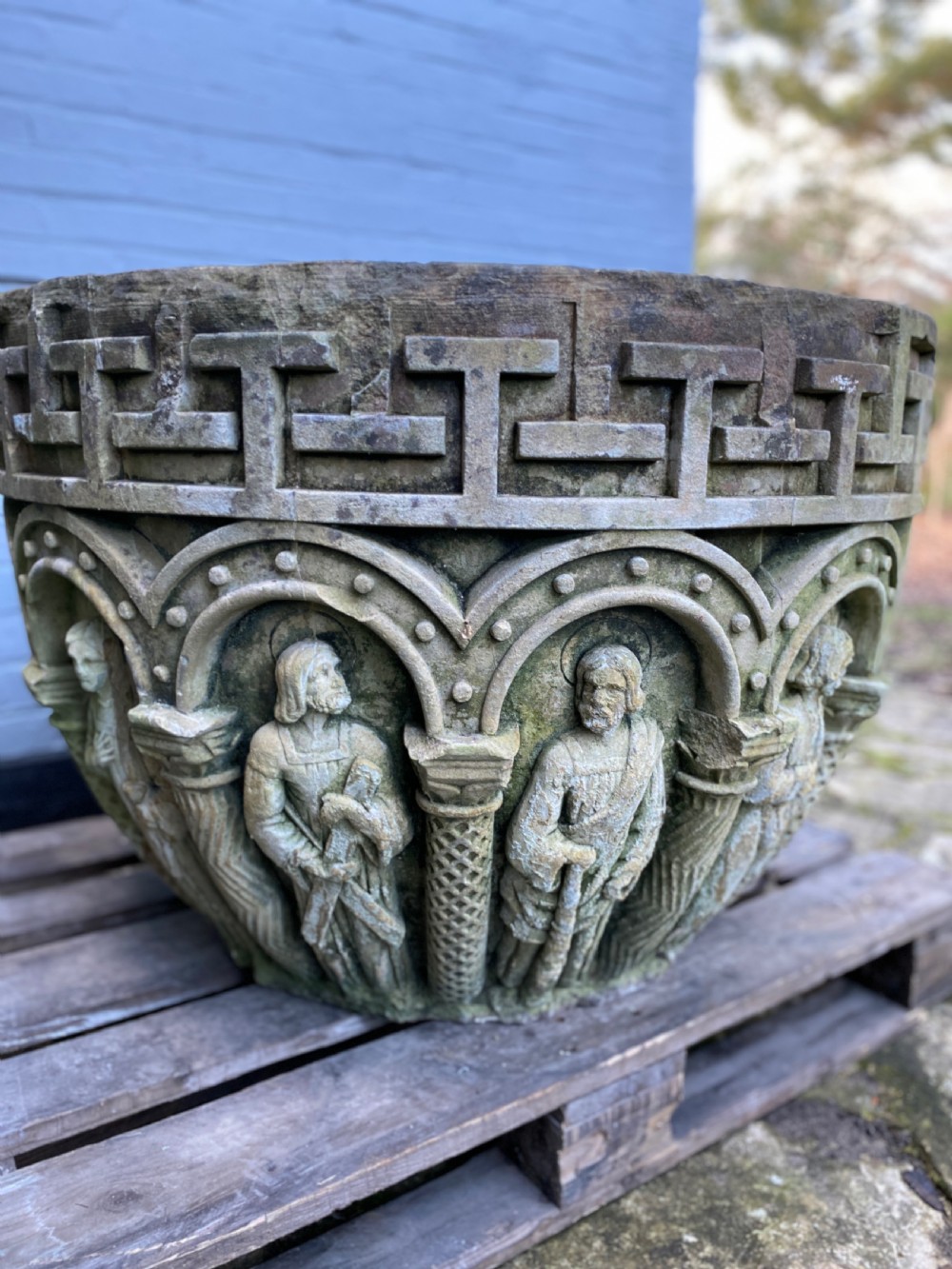 Large 19th Century Stone Gothic Church Font Planter with 12 Apostles