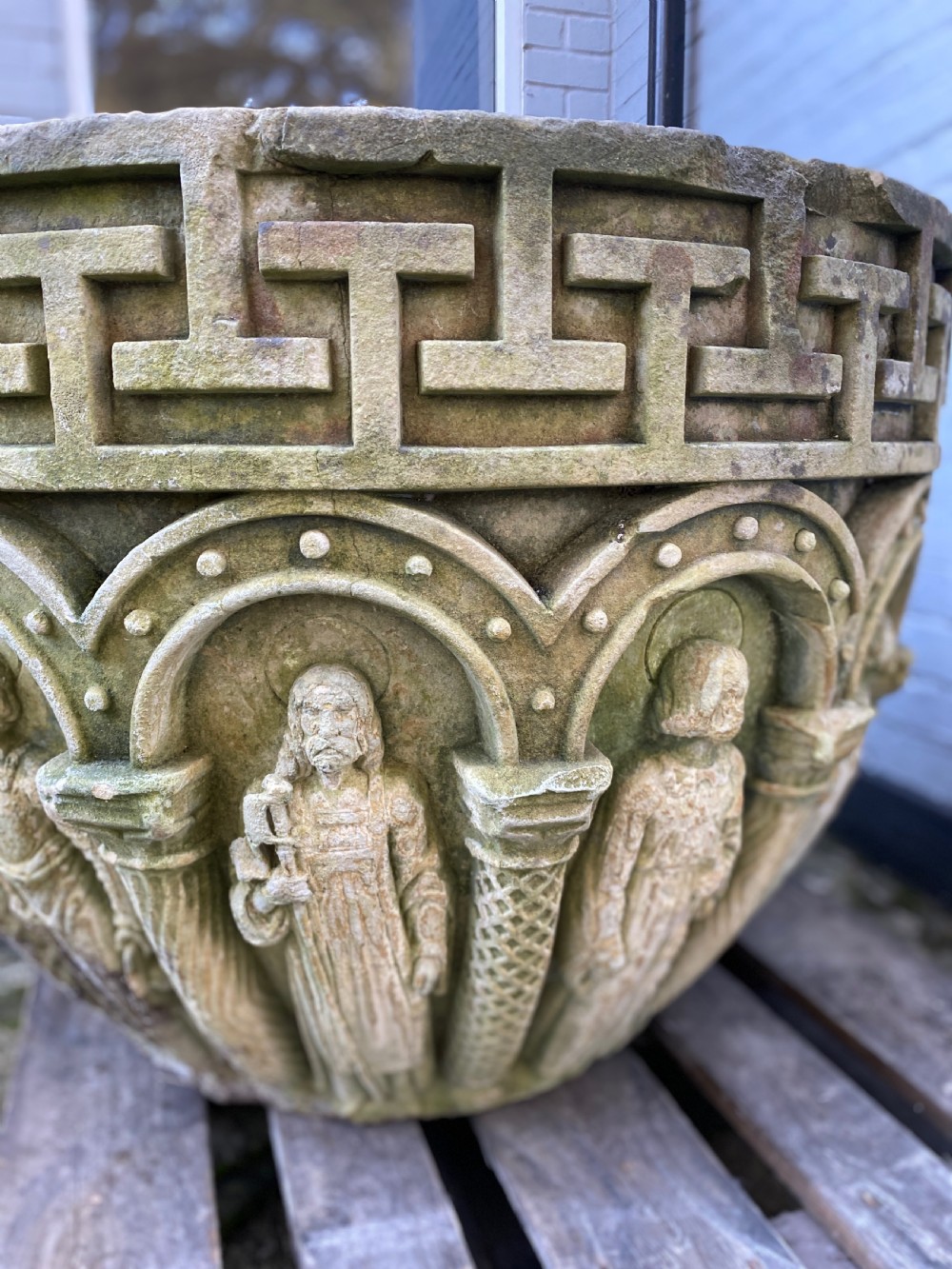 Large 19th Century Stone Gothic Church Font Planter with 12 Apostles View II