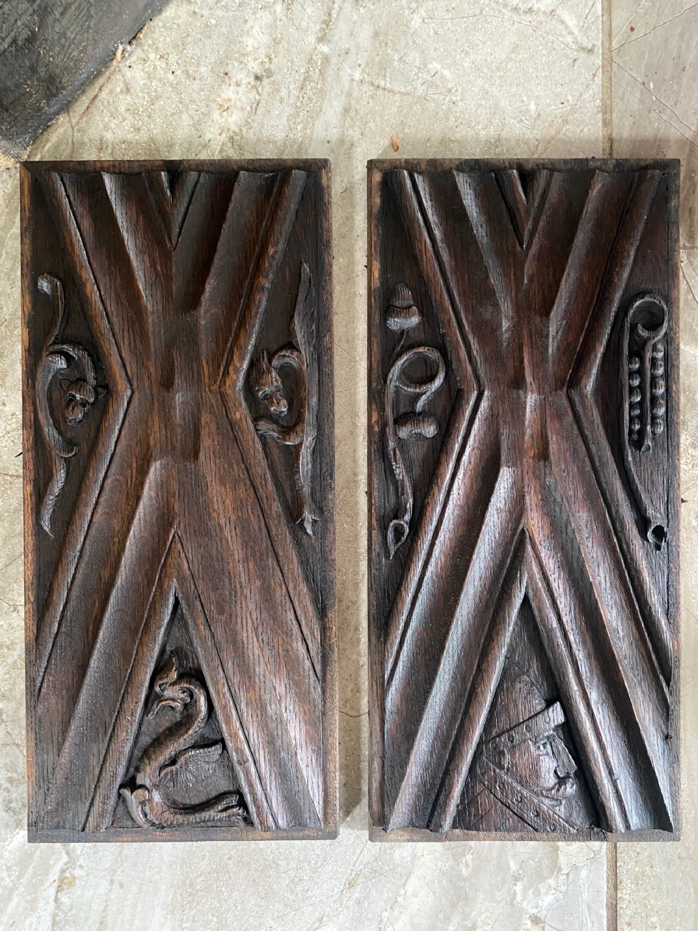 Arts and Crafts Carved Oak Parchemin Beast Panels