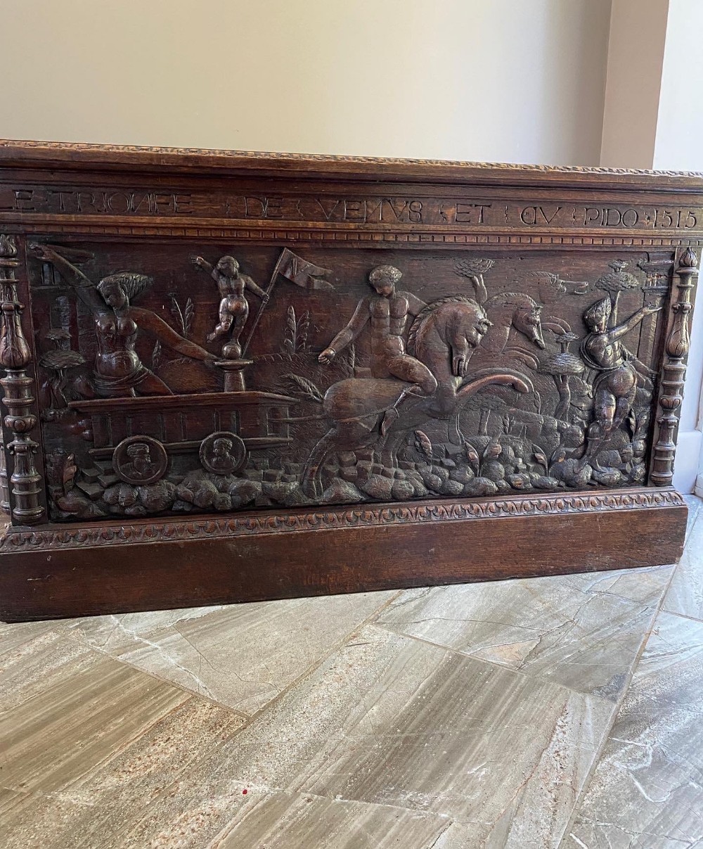 16th Century Carved Oak Coffer Triumph of Venus & Dido 1515