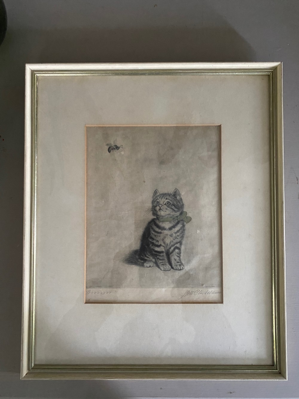 Antique Drawing of a Kitten & Bee Signed