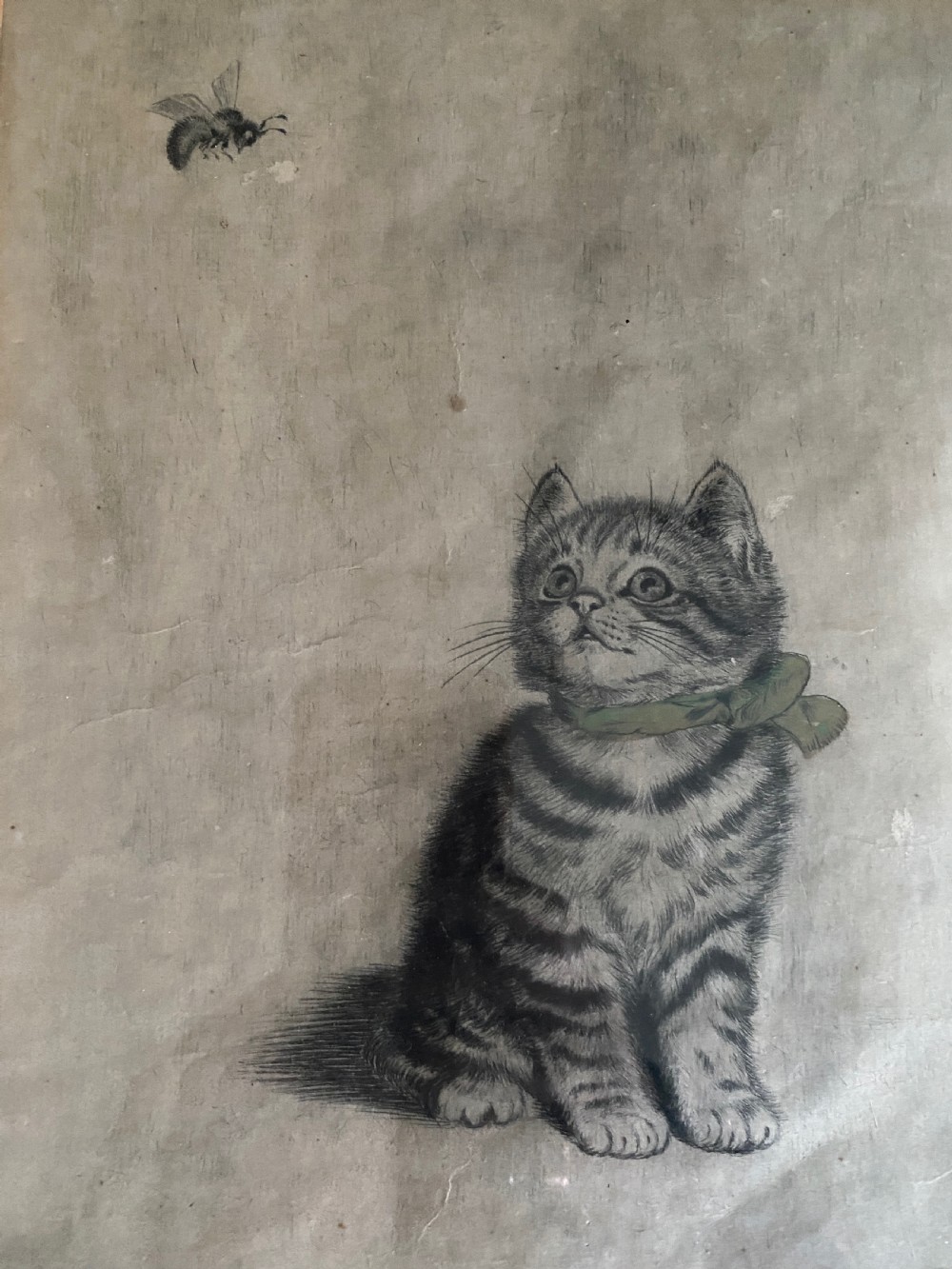 Antique Drawing of a Kitten & Bee Signed View II