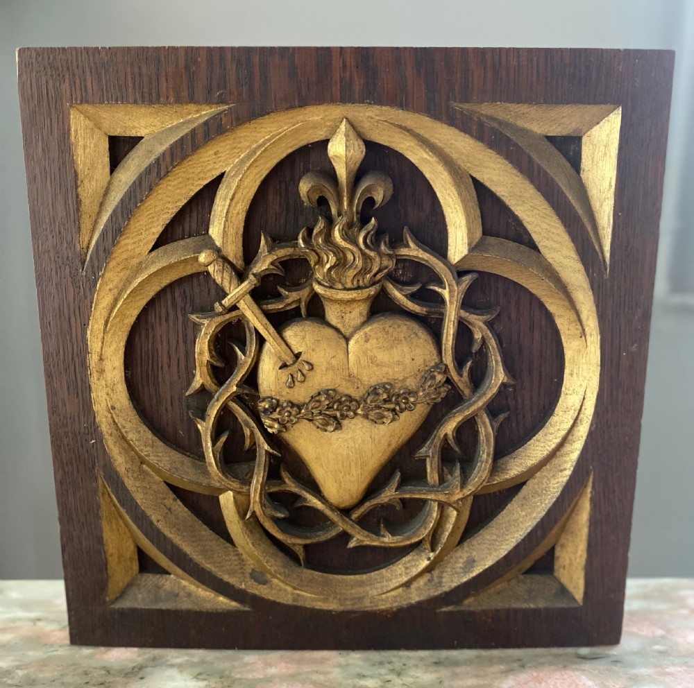 19th Century Carved Oak Sacred Heart Gilt Church Ceiling Panel
