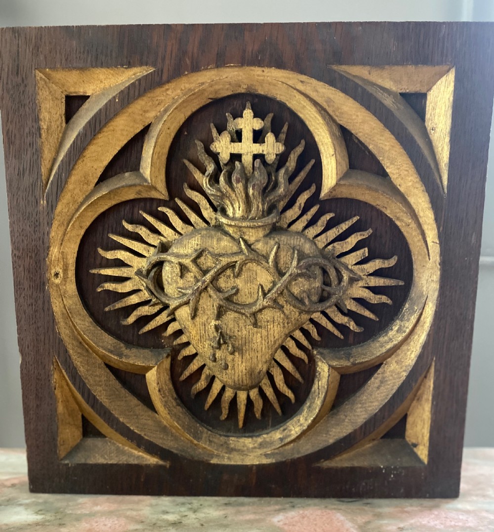 19th Century Gothic Carved Oak Sunburst Sacred Heart Church Ceiling Boss Panel