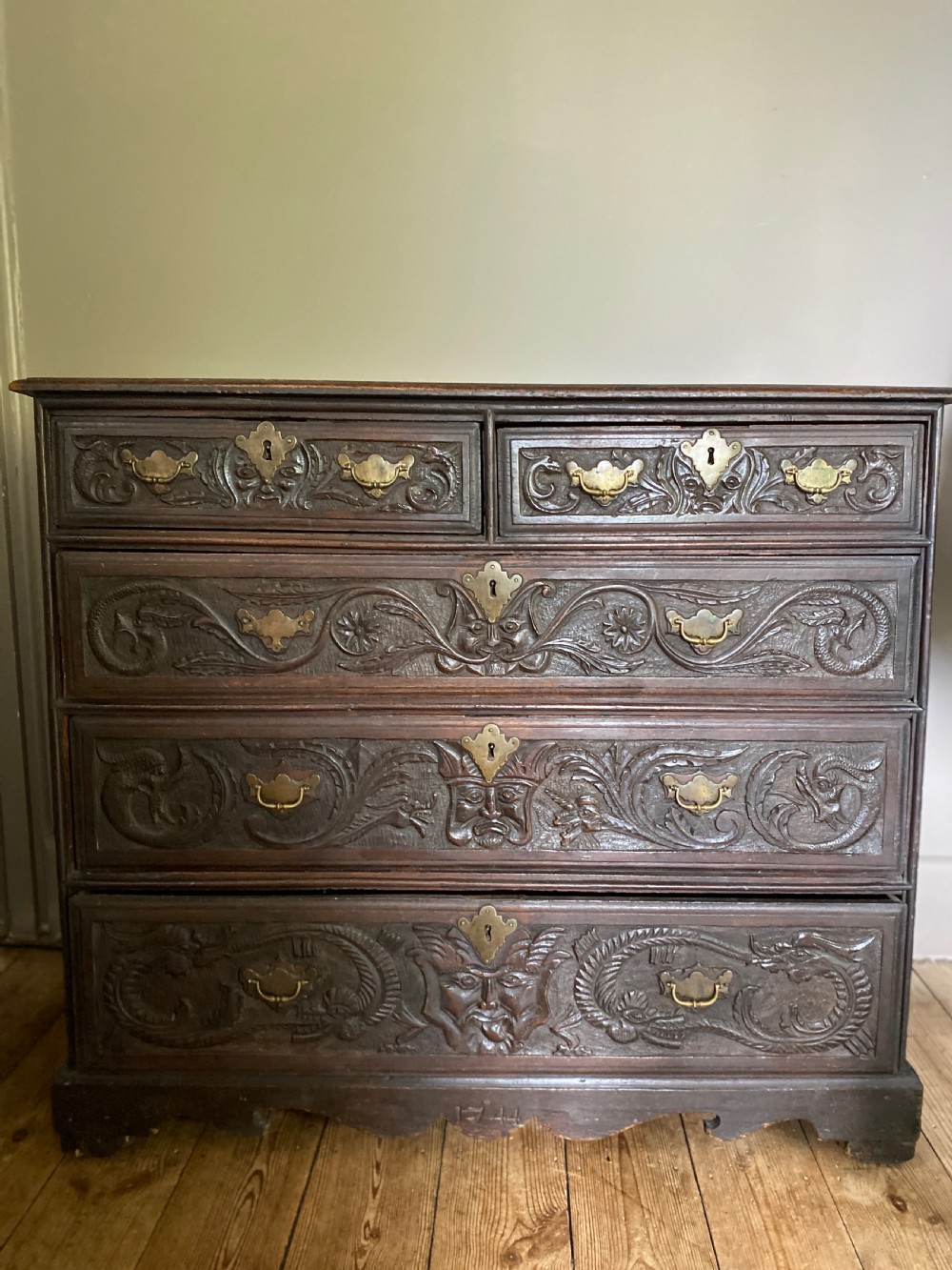 18th Century Dated 1744 Mythical Beast Carved Oak Chest Of Drawers