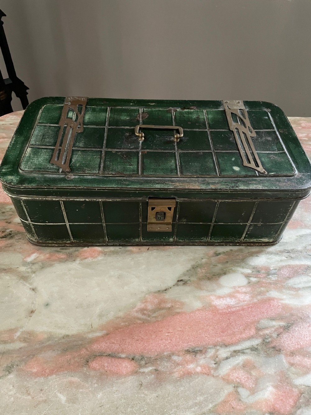 Art Nouveau Green Metal Box with Ceramic Liner