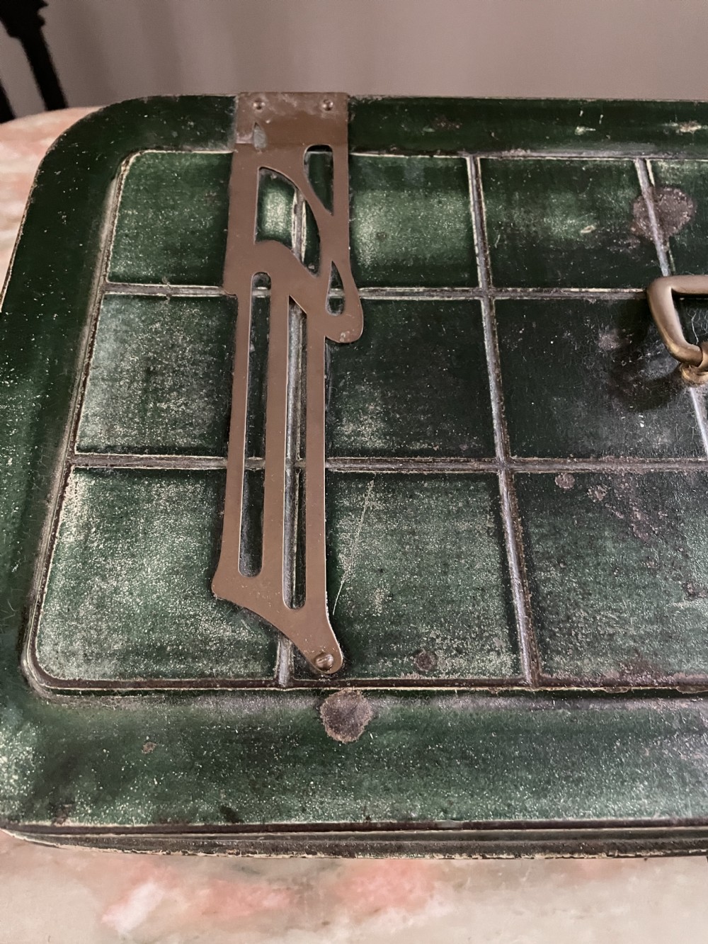 Art Nouveau Green Metal Box with Ceramic Liner View II