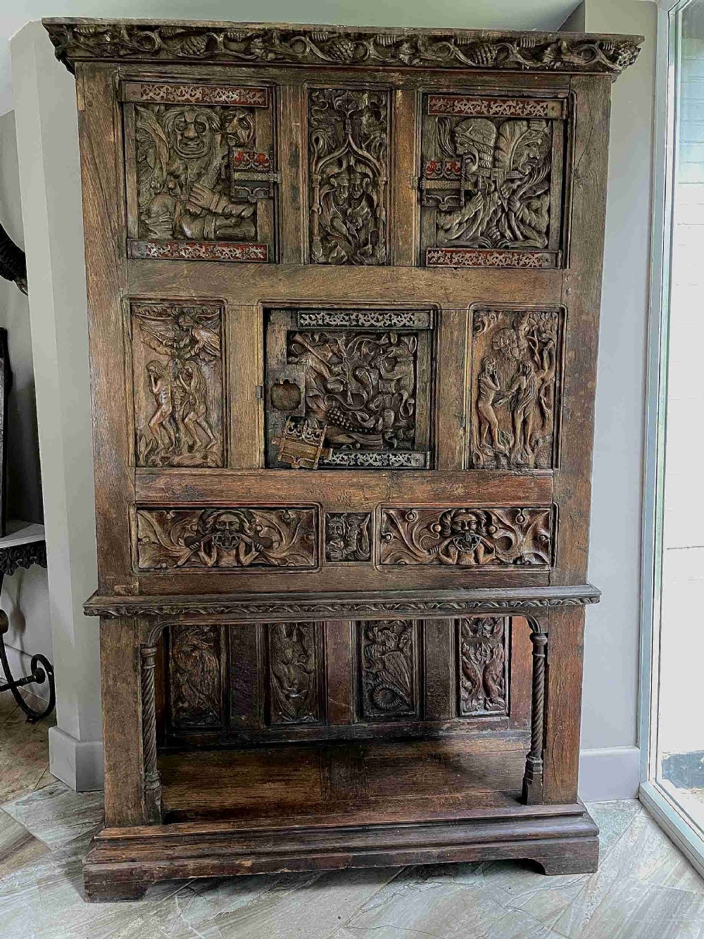 RARE 16th Century Carved Oak Vestry Cupboard 22 Panels Mythical