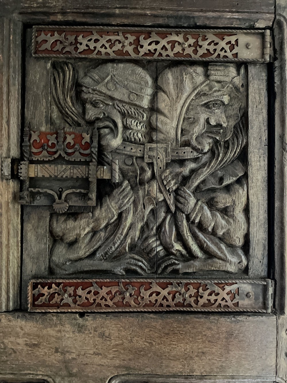RARE 16th Century Carved Oak Vestry Cupboard 22 Panels Mythical View V