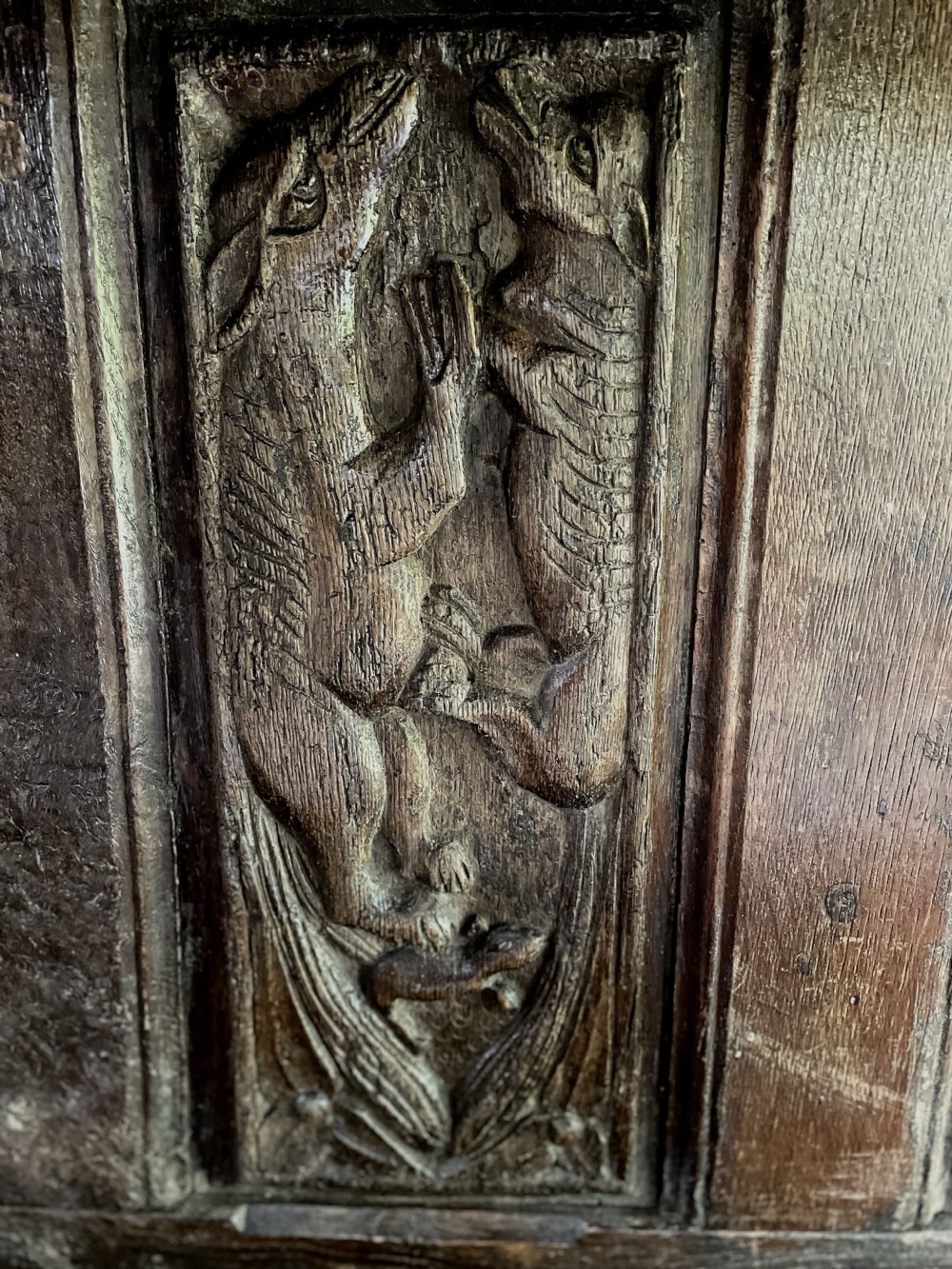 RARE 16th Century Carved Oak Vestry Cupboard 22 Panels Mythical View XI