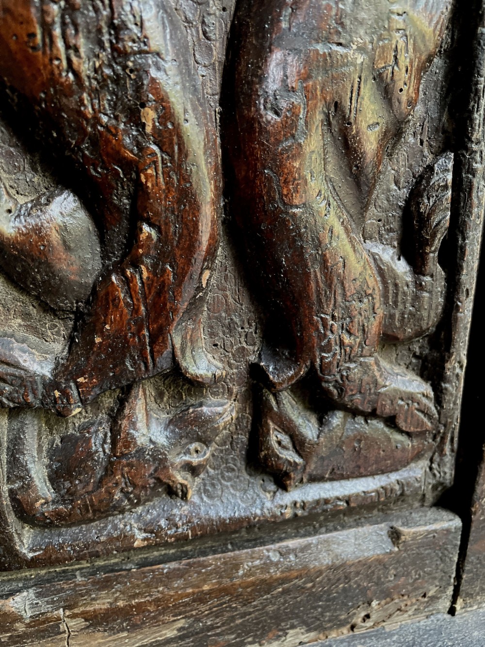 RARE 16th Century Carved Oak Vestry Cupboard 22 Panels Mythical View XII