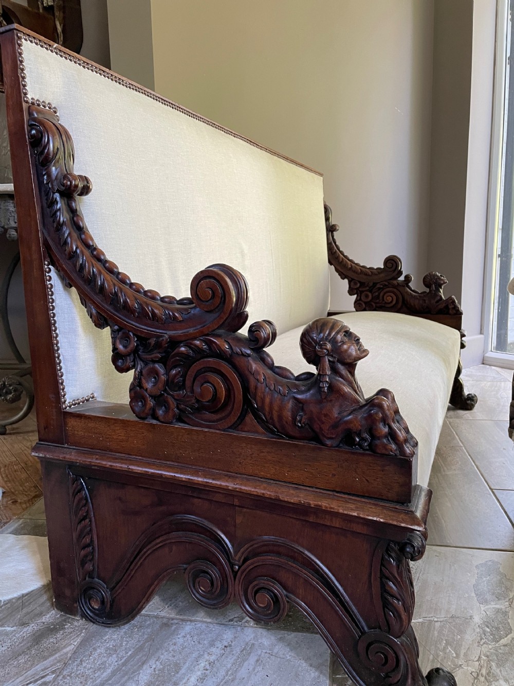 19th Century Carved Sphinx caryatids Hall Bench Settee