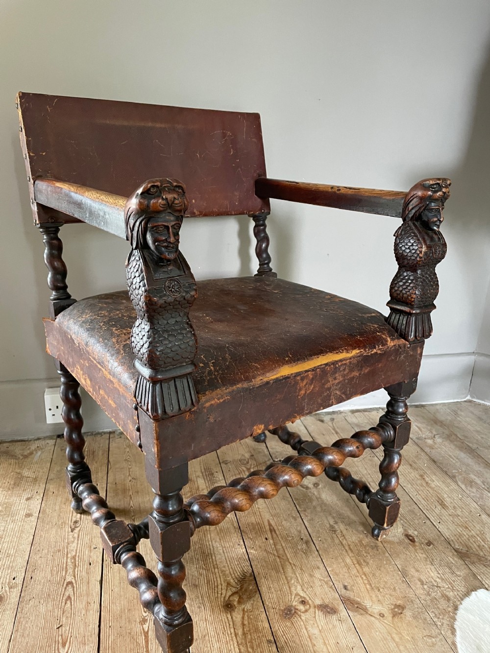19th Century Carved Oak Leather Hall Desk Chair