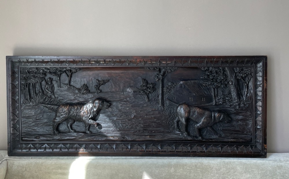 19th Century Large Carved Walnut Black Forest Hunting Dog Panel .